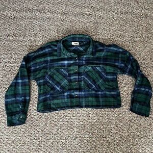 Green and Blue Plaid Cropped Shirt